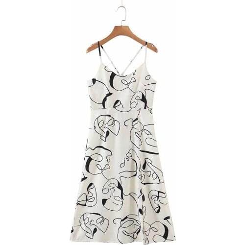 Hot summer ladies white dress character print suspender dress sexy vacation halter dress