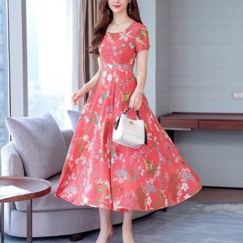 #cc 2019 Dress Women Summer Grace Mid-Calf Dresses Short Sleeve Plus Size Beach Printing Dress vestidos de verano ropa mujer