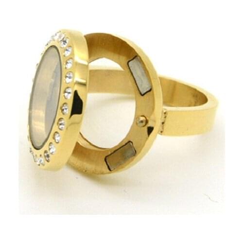 20mm Magnetic Gold Stainless Steel Floating Locket Ring With Rhinestones Glass Living Locket Ring 10pcs