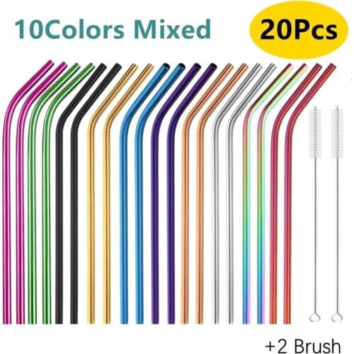 20pcs Metal Reusable 304 Stainless Steel Straws Straight Bent Eco-Friendly Drinking Straw with Brush Set Party Bar Accessory
