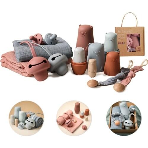 5 PCS Baby Toy Silicone Russian Nesting Dolls Matryoshka Dolls Pacifier Storage Box Blanket Montessori Toys for Newborn Gift