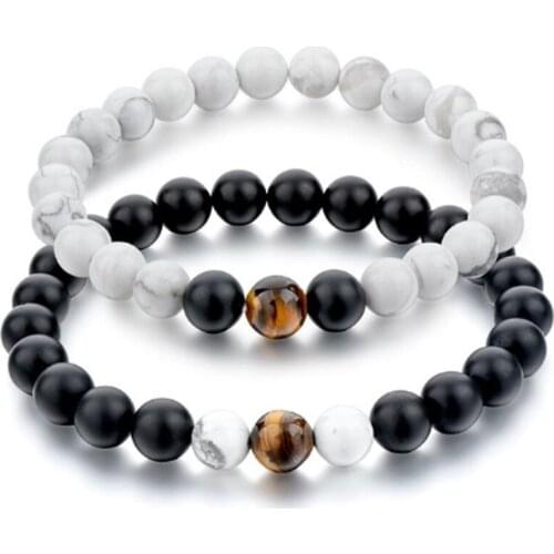 Amader 2PCS/L Distance Bracelet For Women Men Blue&Black Stone Yoga Energy Beaded Couple Bracelets Men Gifts Ladies