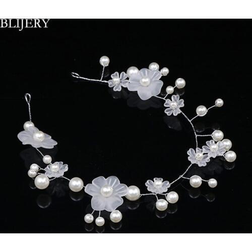 BLIJERY Handmade Imitation Pearl White Flower Bridal Headband Wedding Hair Accessories Brides Bridesmaid Headdress Hair Jewelry