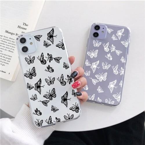 Cute Black White Butterfly Phone Case Coque For iPhone 11 12 Pro MAX mini Xs Max X XR 7 8 6 6S Plus 5 S SE 2020 Clear TPU Fundas