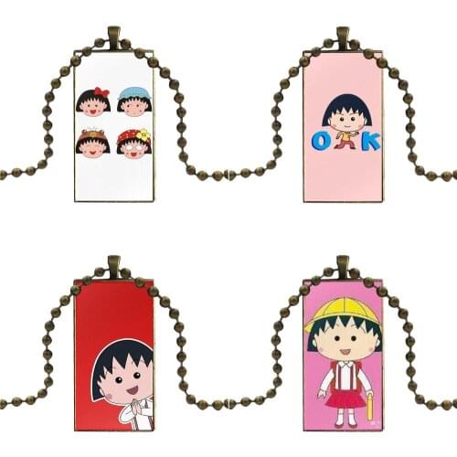 For Women Men Japanese Cartoon Chibi Maruko Design Fashion Vintage Glass Women Rectangle Necklace Pendants