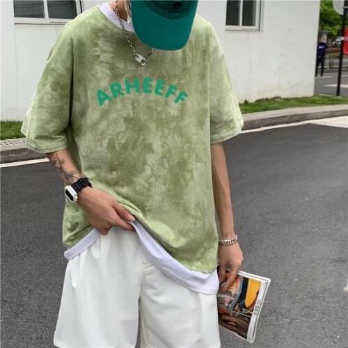 Letter tie-dye short-sleeved t-shirt male 2021 summer new trend loose compassionate Korean couple five-point sleeves