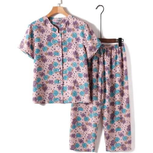 Cotton Silk Home Womens Summer Suit Nighties Short-Sleeved Printed Colorful Pantsuit Loose Casual Brief Pajamas Set Large Size