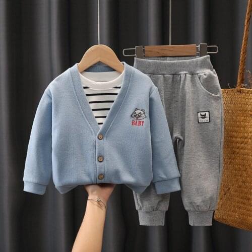 Baby Boy Clothing Set Spring Autumn New 3Pcs Suits Casual Fashion Kids Knitting Coat+Striped T-shirt+Pants Toddler Girls Clothes