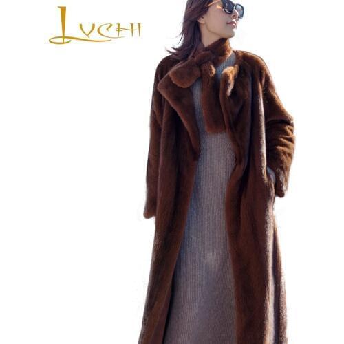 LVCHI Winter 2019 Copenhagen Purple Standard Imported Mink Fur Velvet Level Coat Full Pelt Slim With Scarf Causal Mink Fur Coats