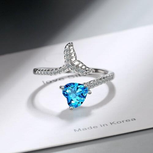 Cute Female Blue Heart Crystal Ring Charm Silver Color Open Engagement Ring Dainty Fishtail Zircon Wedding Rings For Women