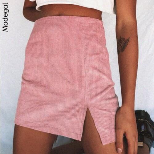 Modegal Womens Vintage Corduroy Split Skirt High Waist A Line Solid Color Patchowork Bodycon Mini Short Skirts with Slit