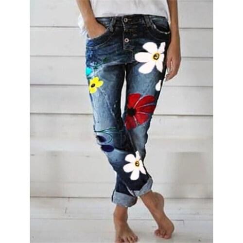 Fashion Flower Print Jeans Trousers Casual Slim High Waist Solid Denim Pants Vintage Worn Single Breasted Pencil Pants For Women