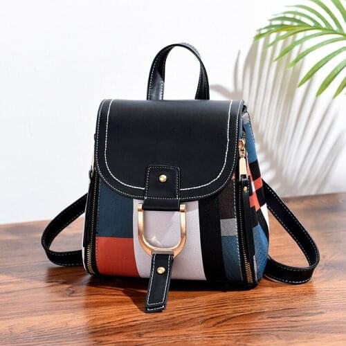 2021 Fashion Splicing Backpack For Women PU Leather Teenager School Bag Multi-Function Knapsack Contrast Color Back Pack Bolsa