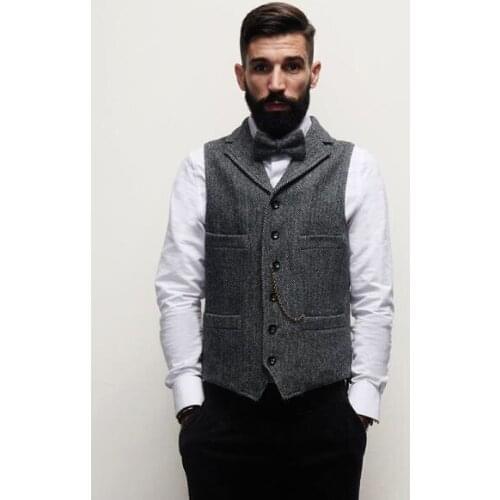 Mens Vintage Lapel Collar Slim Vest England Wool Blend Tweed Business Casual