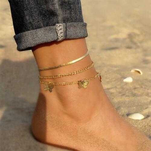 Bohemian Gold Butterfly Chain Anklets Set For Women Girls Fashion Multi-layer Anklet Foot Ankle Bracelet Beach Jewelry