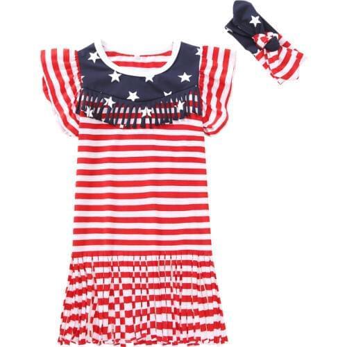 2019 Holiday dress for girls / 4th of July outfits for girl / Red and white stripe dress wiht headband set