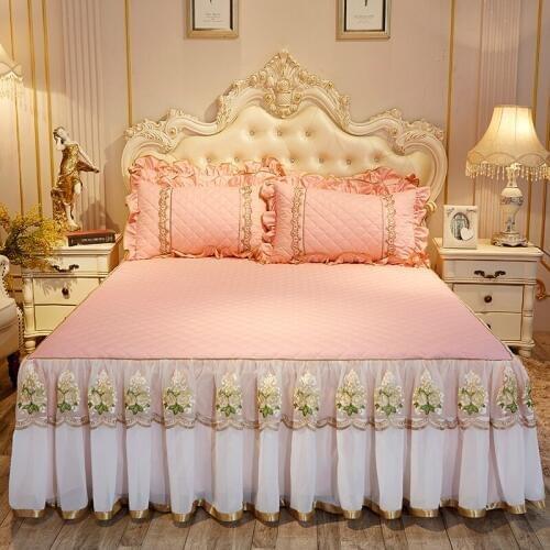 2019 new products All cotton quilting Bed spread Fitted Sheet Pillowcases 2/3pcs Pure color Lace embroidery Bedding