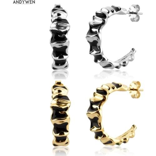 ANDYWEN 925 Sterling Silver Gold Irregular Geometric Black Circle Hoop Earring Women Luxury Jewelry Fine Jewels Clips Piercing