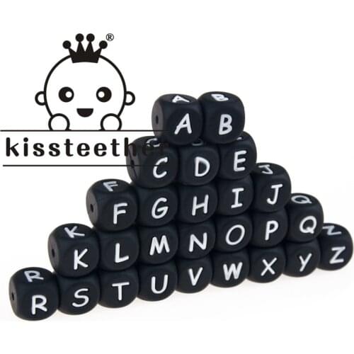 Kissteether 12mm 100pc Silicone Alphabet Letter Beads Black BPA Silicone Teether DIY Teething Necklace Bead Nursing Pendant