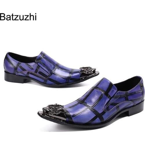 Batzuzhi Mens Shoes Italian Type Metal Pointed Toe Blue Genuine Leather Dress Shoes Men Party & Wedding Zapatos Hombre
