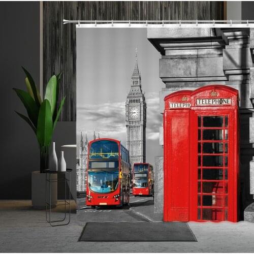 London Street Scenery Shower Curtain United Kingdom Red Bus Telephone Booth Pattern Polyester Fabric Bath Curtain Bathtub Decor