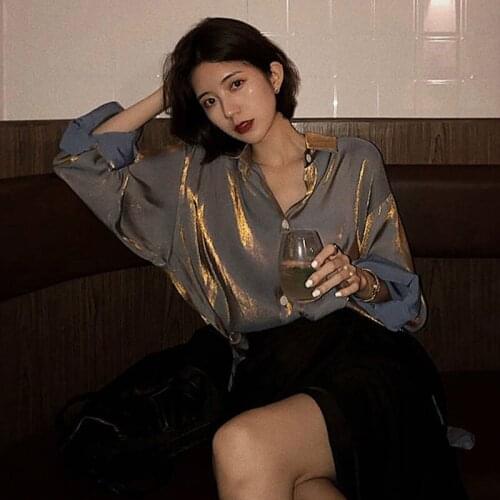 Luck A 2021 Spring Women Glossy Blouses female Long Sleeve Loose Tops lady Solid Long Streetwear Clothes Shirt