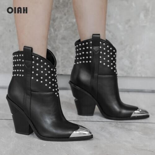 OIAH 2021 Autumn Women Martin Ankle Boot Metal Pointed Toe Rivet Strange High Heel Footwear Punk Style Fashion Lady Shoes Winter