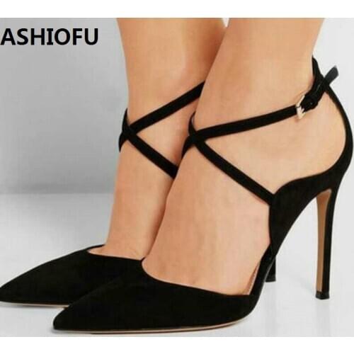 ASHIOFU Wholesale Ladies High Heel Pumps X-buckle Strap Party Prom Dress Shoes Daily Wear Fashion Evening Court Shoes