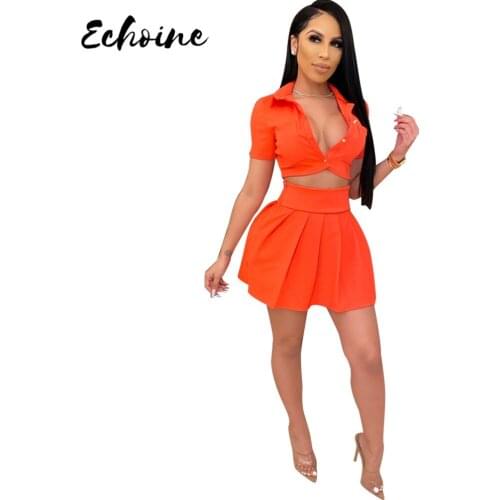 Echoine Women Solid Crop Top Short Sleeve T Shirt Pleated Skirt Two piece Set Dress Cute Blouse High Waist Skirt Fashion Outfits
