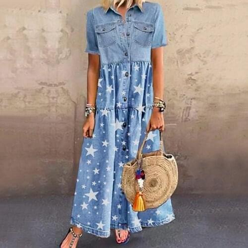 2021 Ins New Fashion Women Long Dresses Star Patckwork Denim Long Dresses Summer Women Clothing