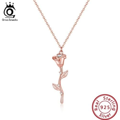 ORSA JEWELS Real Sterling 925 Silver Necklaces Blooming Rose Shape AAAA Zirconia Romantic Pendant For Female Present SEQN06