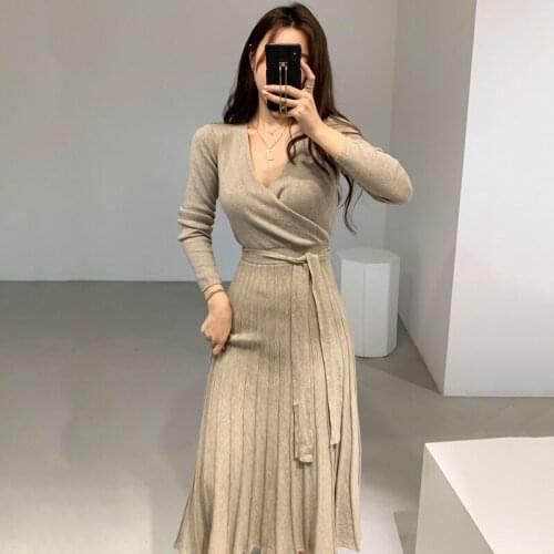Korean Chic French V-neck Cross Slim Bandage High Waist Vestido Mujer Slim Pleated Long Knee Length Knitted Dress For Women
