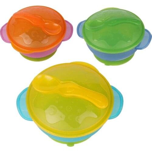 1Set Baby Tableware Baby Learning Dishes With Suction Cup Assist Food Bowl Temperature Sensing Spoon Drop Baby Sucker Bowl Set