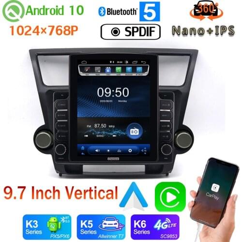 9.7" Vertical Tesla Android 10 Radio Car Multimedia Player GPS PX6 4+64G For Toyota Highlander 2 XU40 2008-2013 SPDIF 360 Camera