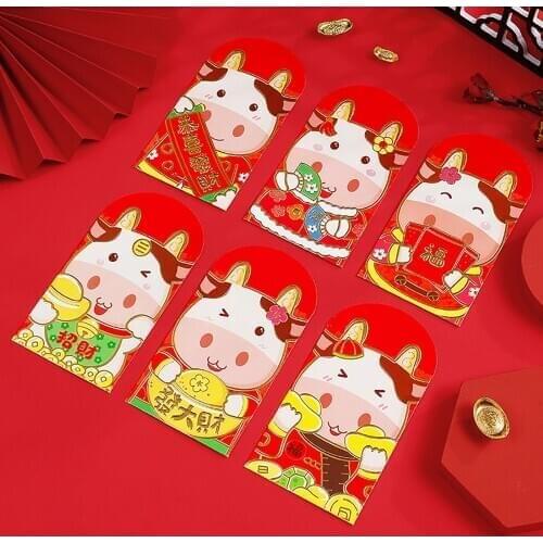 Besegad 36pc Chinese New Year Red Packet Red Lucky Money Envelope Cartoon OX Pattern for 2021 Spring Festival Birthday Kids Gift