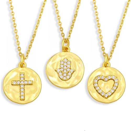 EYIKA High Quality Brass CZ Hamsa Fatima Hand Pendant Necklace for Women Polished Small Coin Evil Eye Cross Heart Colar Jewelry