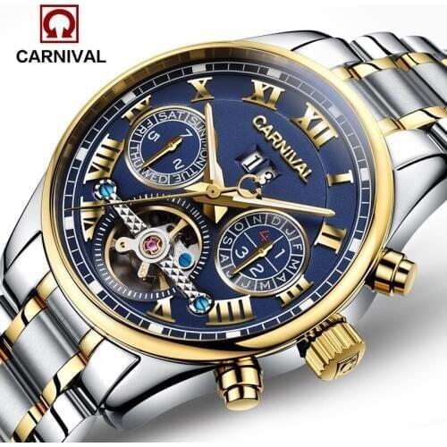 Luxury Carnival tourbillon watch men silver stainless steel waterproof Automatic machine date wristwatch relogio masculine