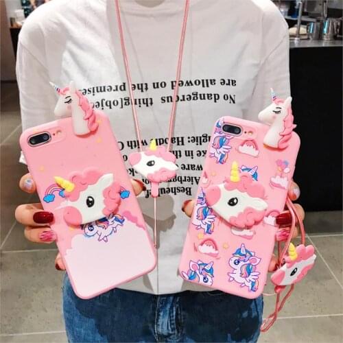 For iPhone 11 Pro Xs Max Xs XR 6 7 8Plus Case Unicorn Rainbow Horse Soft TPU Cover Phone Strap Rope Case