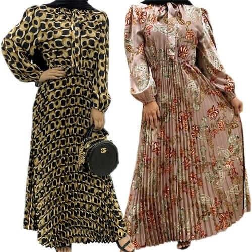 Dubai Casual Women Printed Long Dress Ramadan Islamic Abaya Pleated Autumn Maxi Robe Turkish Middle East Malaysia Kaftan Jilbab