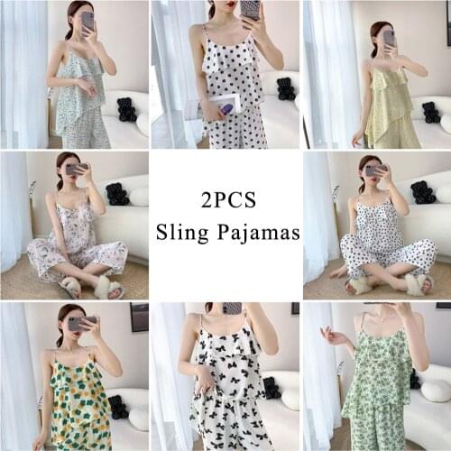 2PC Ice Silk Sleep Suit Womens Chiffon Pajamas Nightgown Pants Set Cami Nighties Wear Spring Summer Breathable Home Nightdress