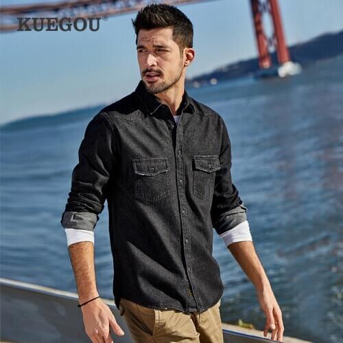 KUEGOU 2020 Autumn Cotton Thick Letter Denim Shirt Men Dress Button Casual Slim Fit Long Sleeve For Male Plus Size Clothing 6996