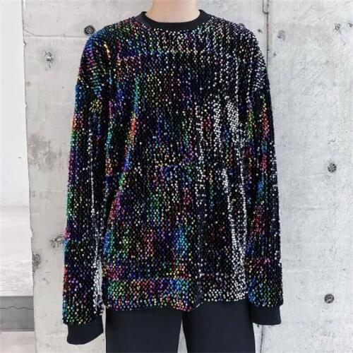 Colorful sequins shirts mens long-sleeved loose sweater youth catwalk shiny bottoming stage costumes vintage clothes fashion