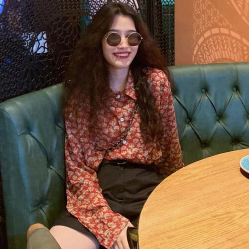 2021 New Chiffon Floral Shirt Women Retro Long-sleeved Loose Casual Print Design Niche Top