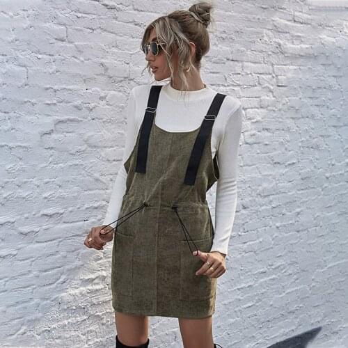 Women Wild Casual Pocket Elastic Waist Party Dress For Women Sweet Mini Dress Spring New Corduroy Sling Dress