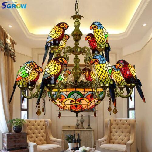 SGROW Stained Glass 12 Heads Parrot Birds Chandeliers Tiffany Art Hanging Lamp Indoor Lighting Fixture for Living Room Bedroom