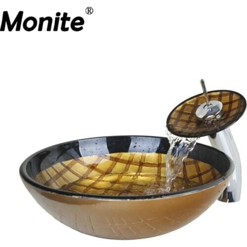 Luxury Gold Waterfall Chrome Basin Tap Bathroom Sink Washbasin Glass Hand-Painted Lavatory Bath Sink Set Torneira Mixer Faucet