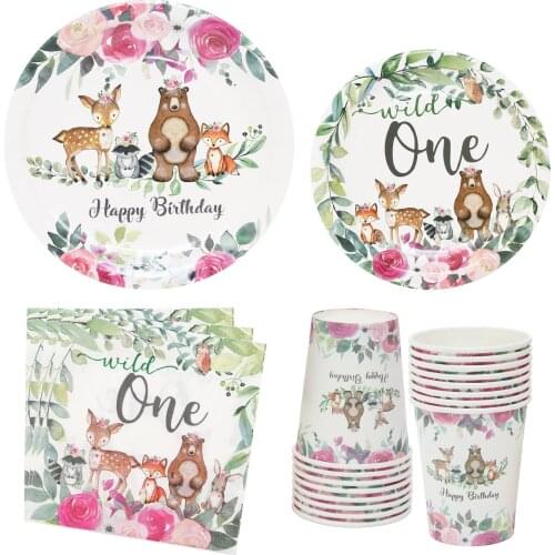 Pink Wild One Birthday Jungle Safari Party Supplies Forest Animal Party 1st Birthday Decoration kids girl 1 year Baby Shower