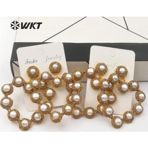 WT-RE088 WKT Natural Pearl Heart Shaped Earrings With Rhinestone Pave Earringst Women Earrings Jewelry