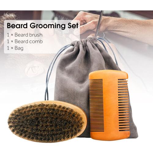 Boar Bristle Wood Beard Brush Hairdresser Shaving Tools Men Mustache Comb With Gift Bag Barber Beard Grooming Set Hair Comb Kit
