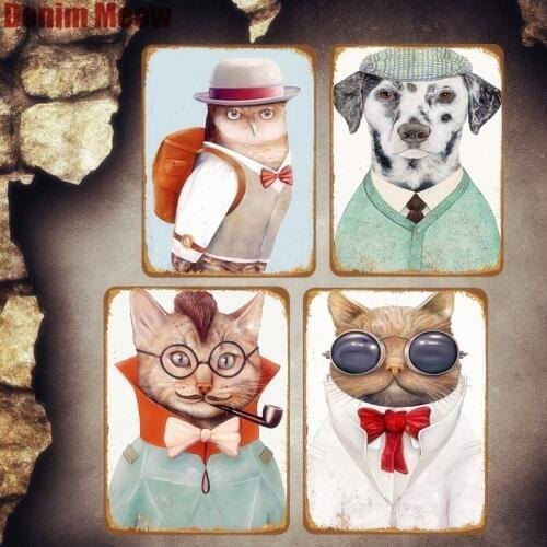 Animal Vintage Metal Tin Sign Pub Bar Cafe Garden Decoration Plates Owl Wall Stickers Cat and Dog Art Painting Home Decor MN58